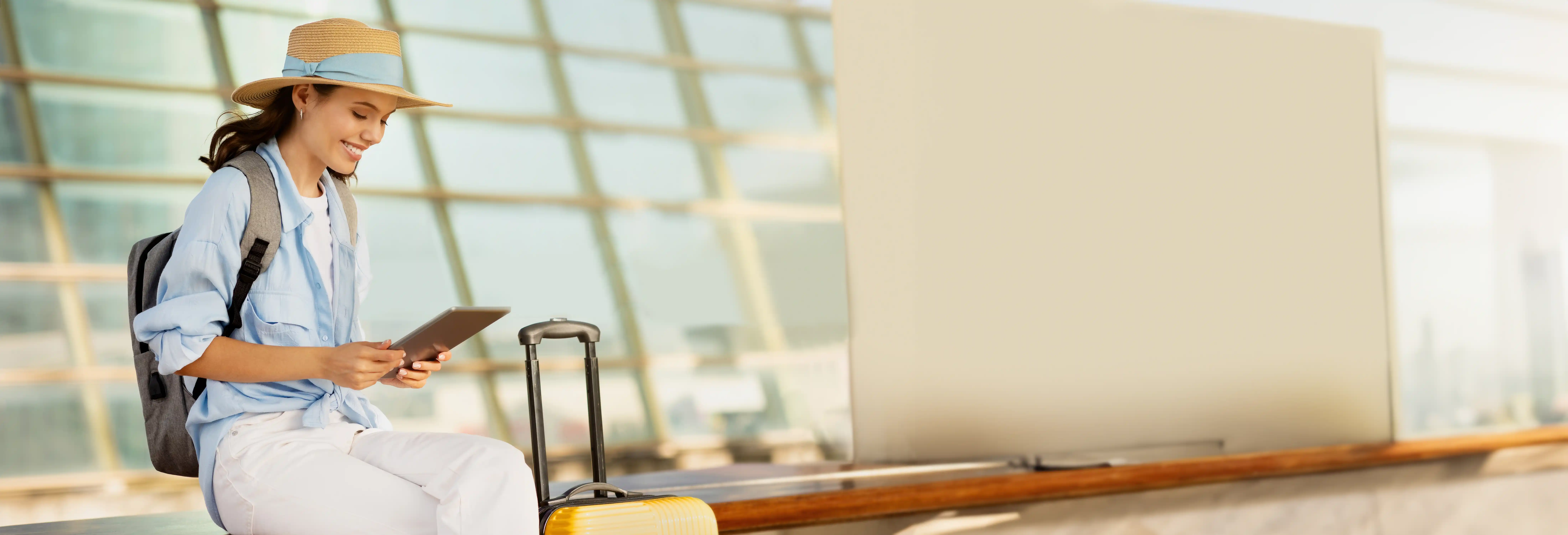 Persona haciendo la reserva desde su tablet en el aeropuerto